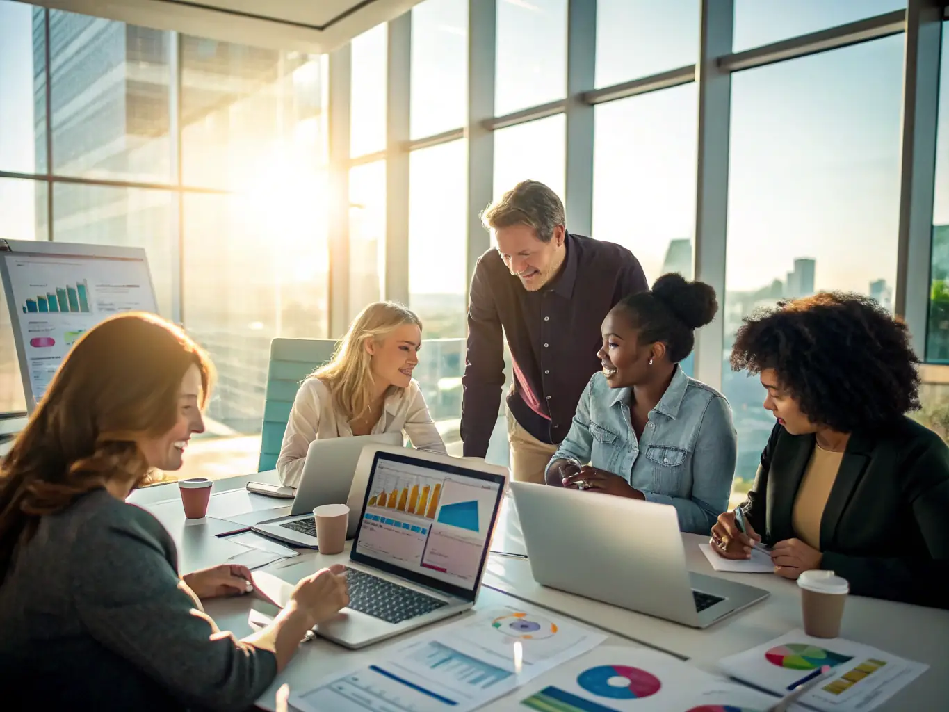 A visually striking image showcasing a team brainstorming social media strategies, with laptops displaying various social media platforms and analytics dashboards.