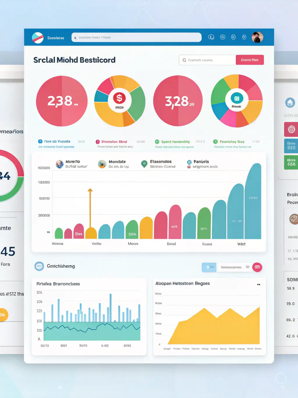 A vibrant social media dashboard with analytics and content previews, showcasing Creative Corp Media's social media marketing service.