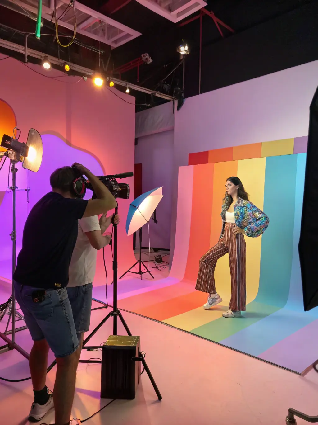 A behind-the-scenes shot of a professional photoshoot with models and videographers in action, highlighting Creative Corp Media's content creation services.