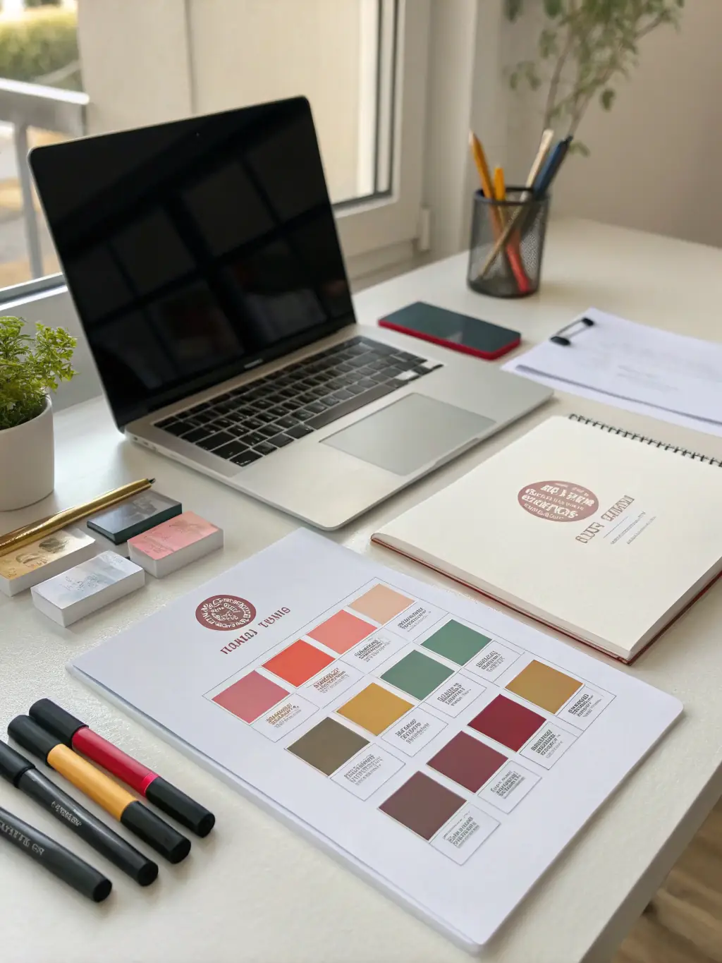 A collection of branding elements including logos, color palettes, and brand style guides displayed on a sleek workspace, representing Creative Corp Media's branding and identity services.